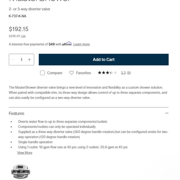 Kohler MasterShower 2 or 3 way diverter valve. BRAND NEW! - Picture 2 of 2